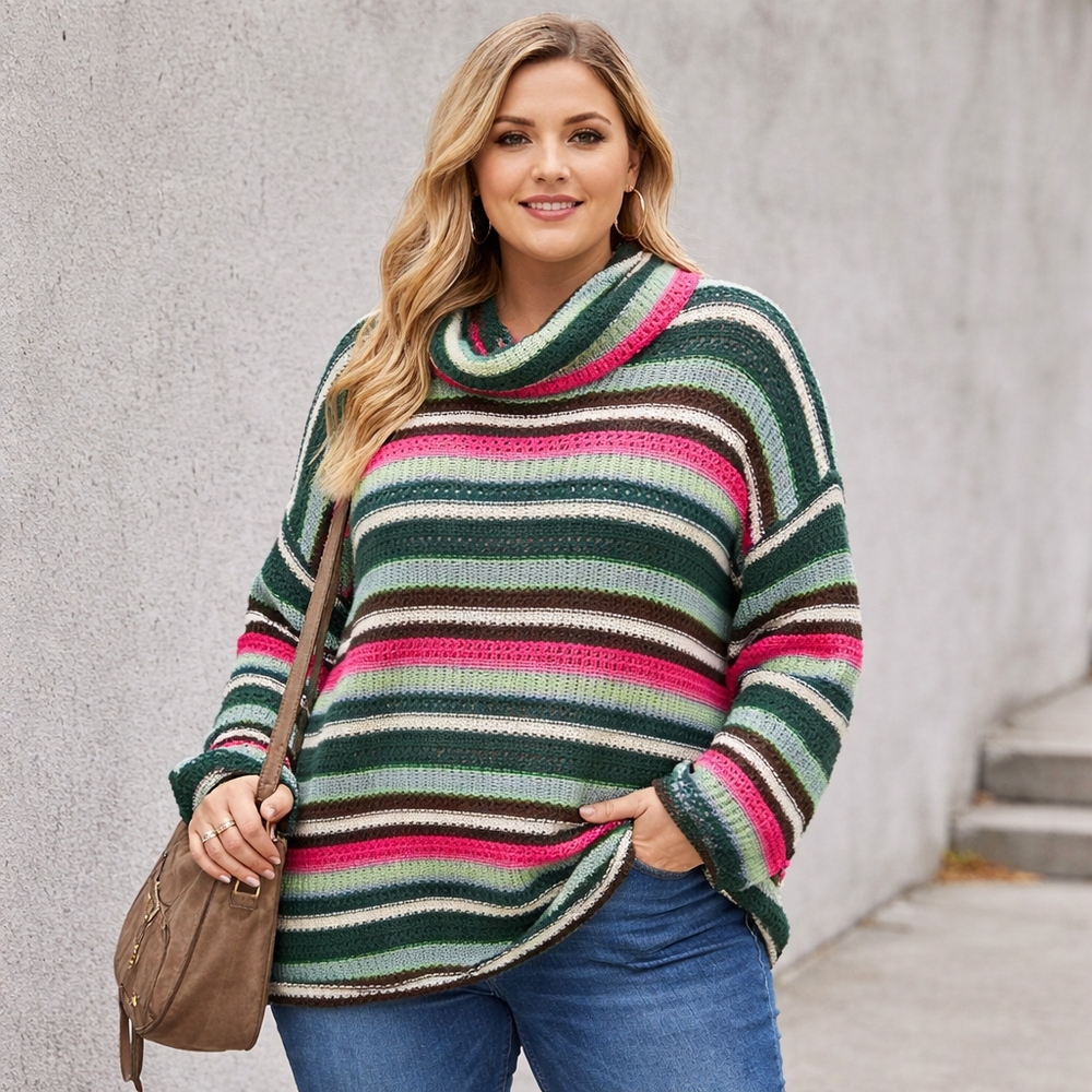 NWT Davi & Dani Striped Crochet Open Knit Sweater Plus Size Cowl Neck Pullover